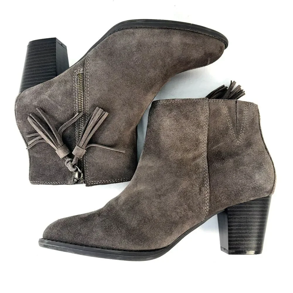 Vionic Madeline Womans 9 Suede Tassel Zipper Block Heel Ankle Boot Taupe Gray